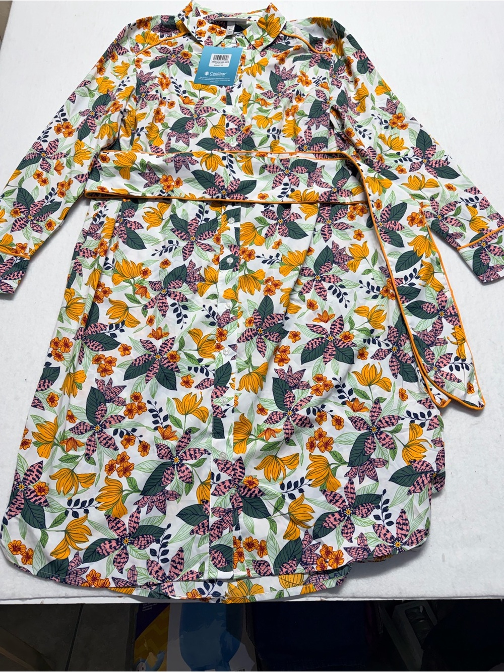 Coolibar Floral Belted Long Sleeve Dress - Yellow & Green Print XL